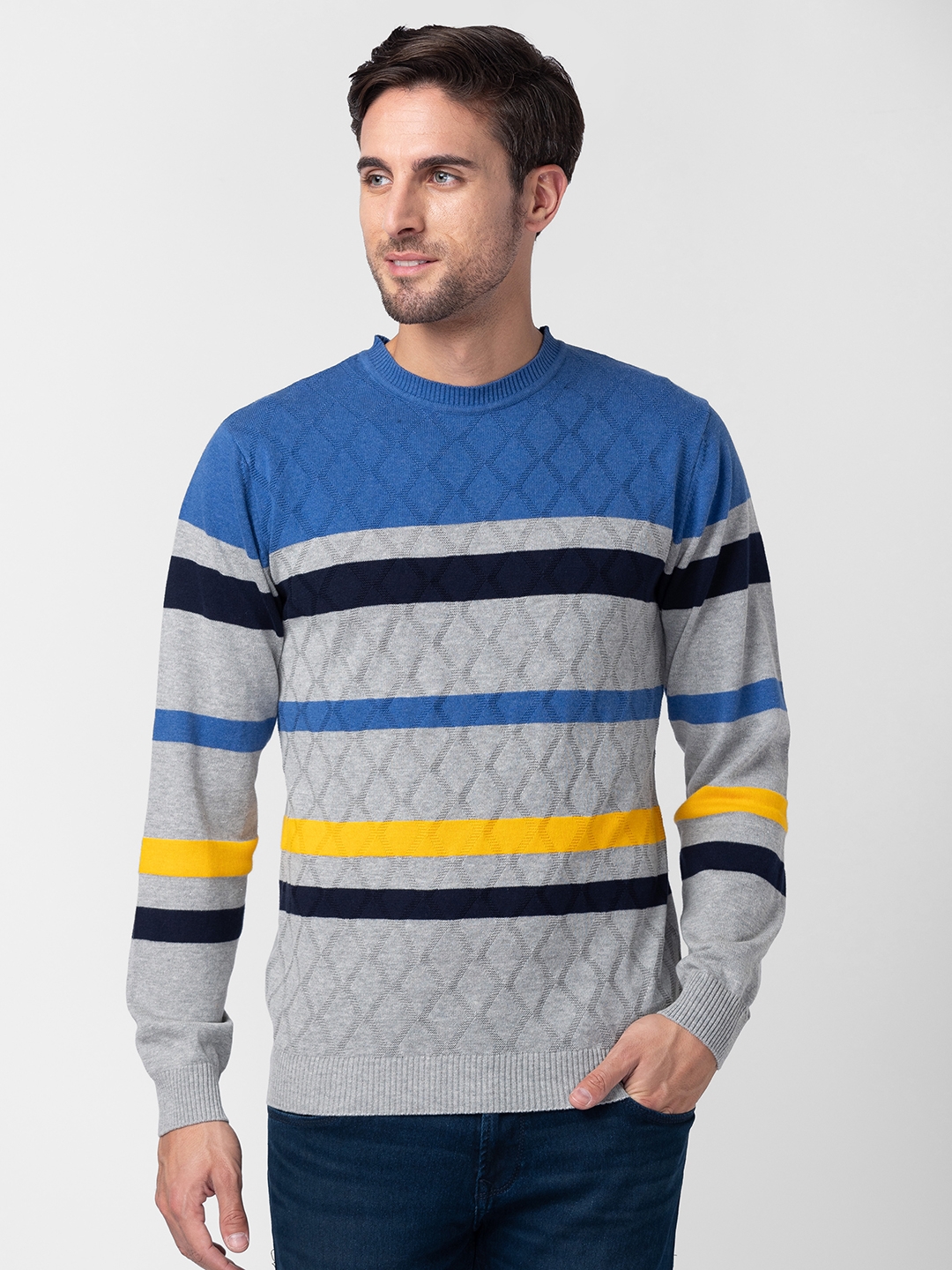 Globus Men Royal Blue Striped Pullover Sweater