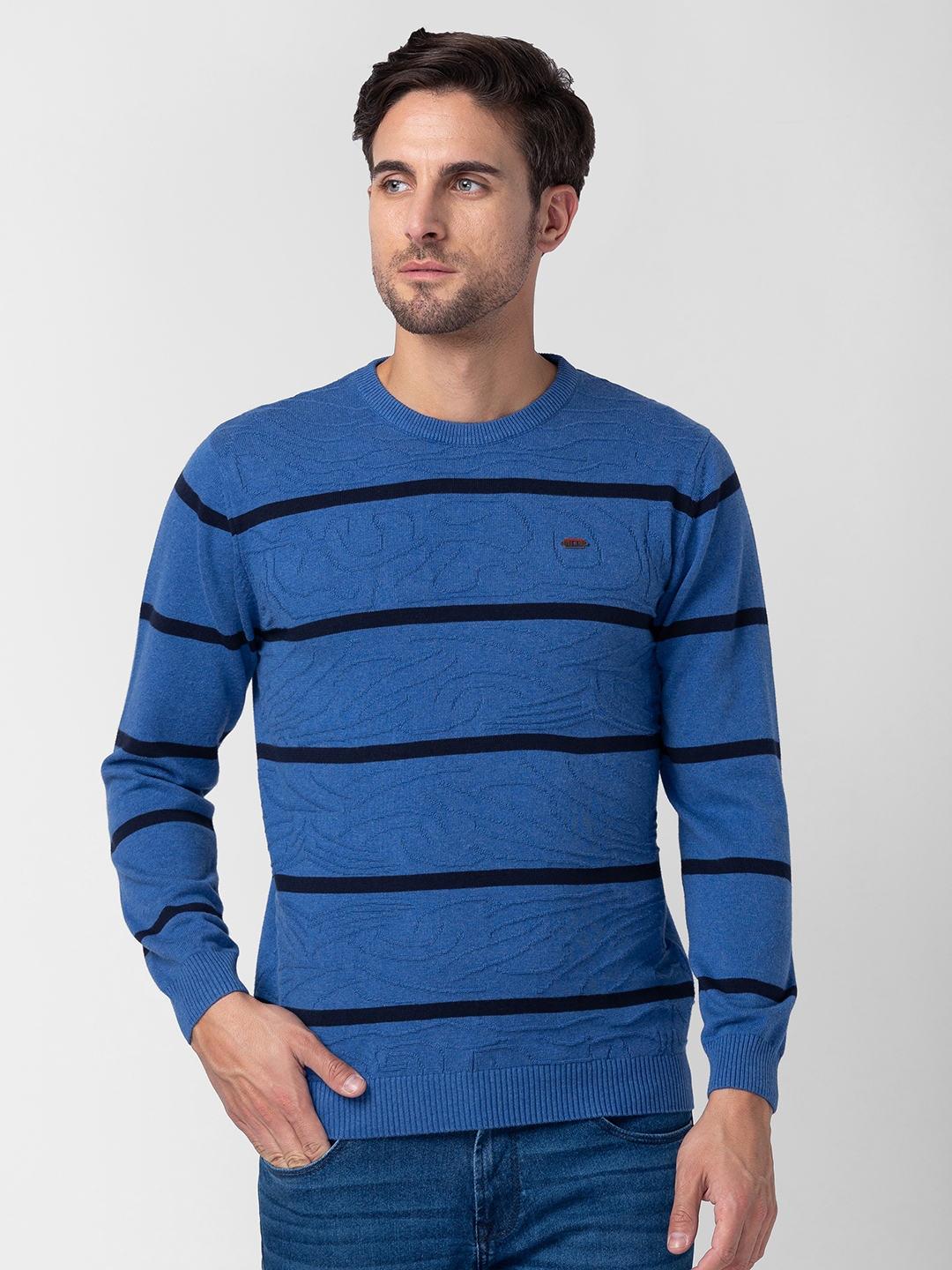 Globus Men Blue Melange Striped Pullover Sweater