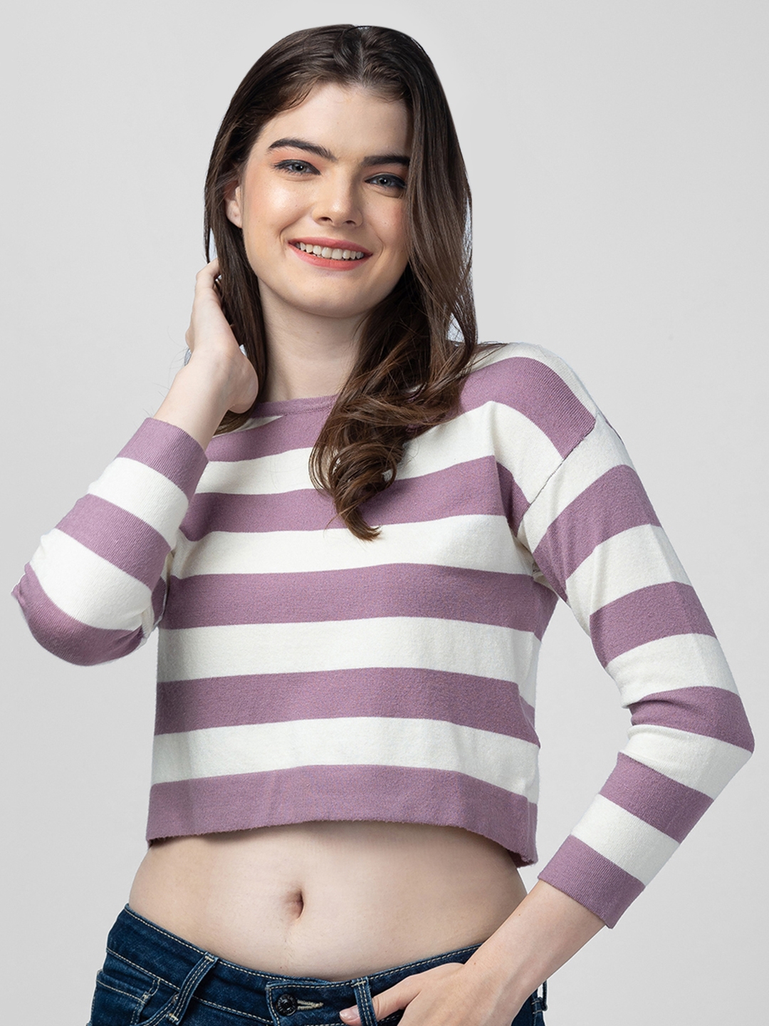 Globus Women Lavender Striped Pullover Crop Sweater