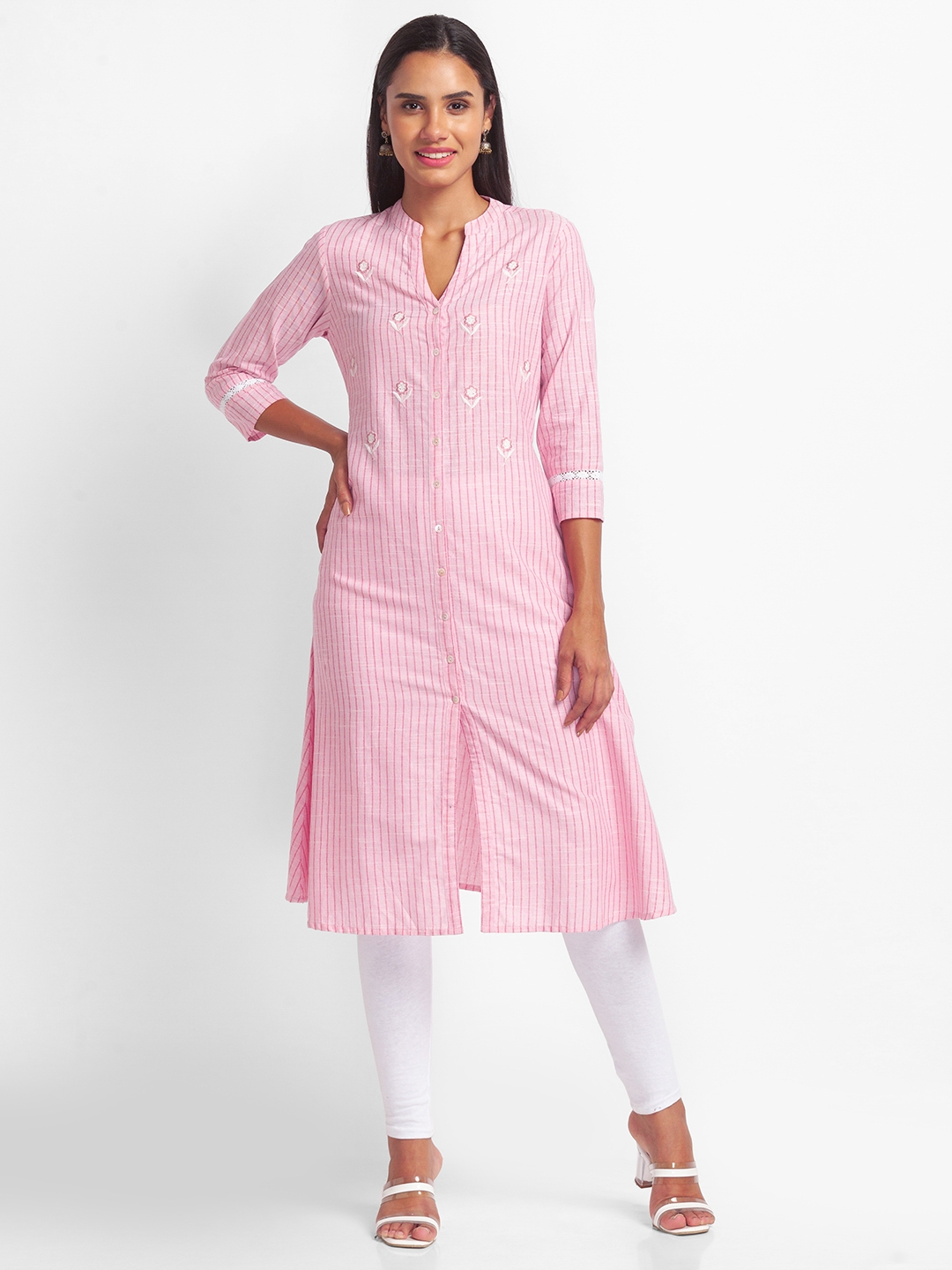 Women's Pink Cotton Striped Kurtas