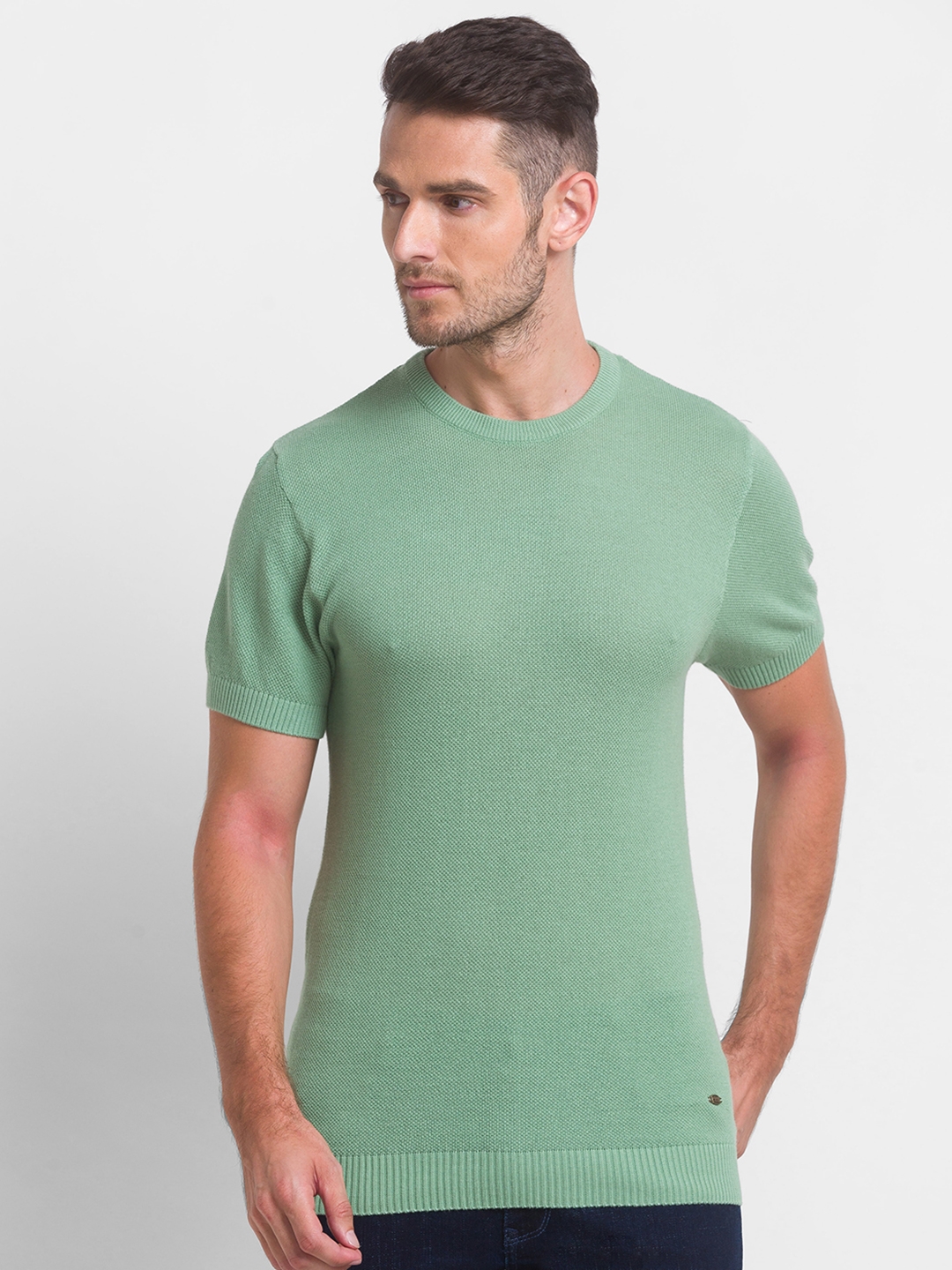 globus | Globus Light Green Self Design Tshirt
