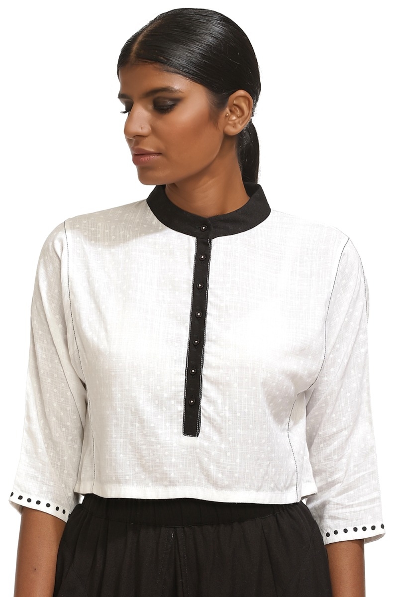 ABRAHAM AND THAKORE | Crop Top Block Print And Embroidered Dots Ivory