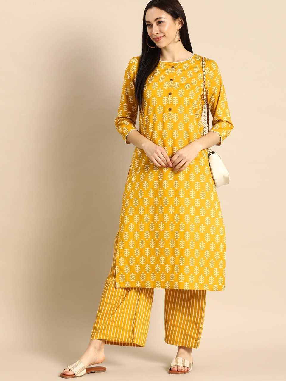 GoSriKi | GoSriKi Women's Cotton Yellow Printed Kurta with Palazzo