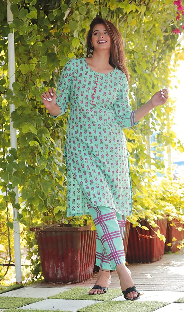 GoSriKi | GoSriKi Women's Cotton Blend Sea Green Printed Kurta with Trouser