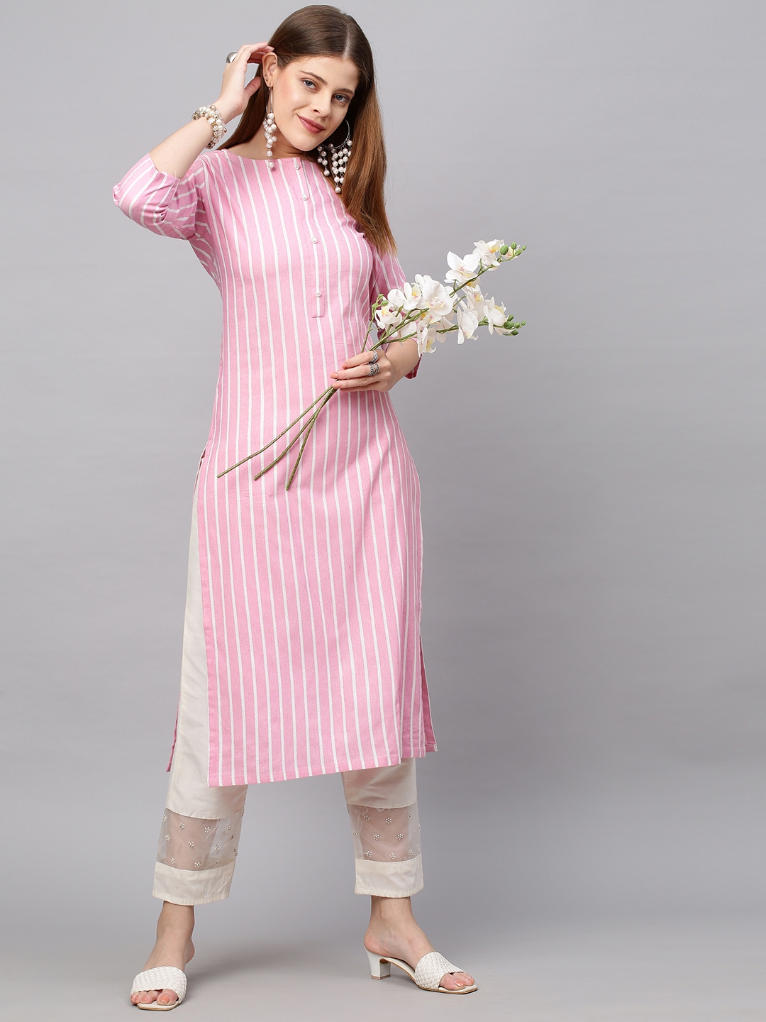 GoSriKi | GoSriKi Women's Cotton Blend Pink Straight Kurta