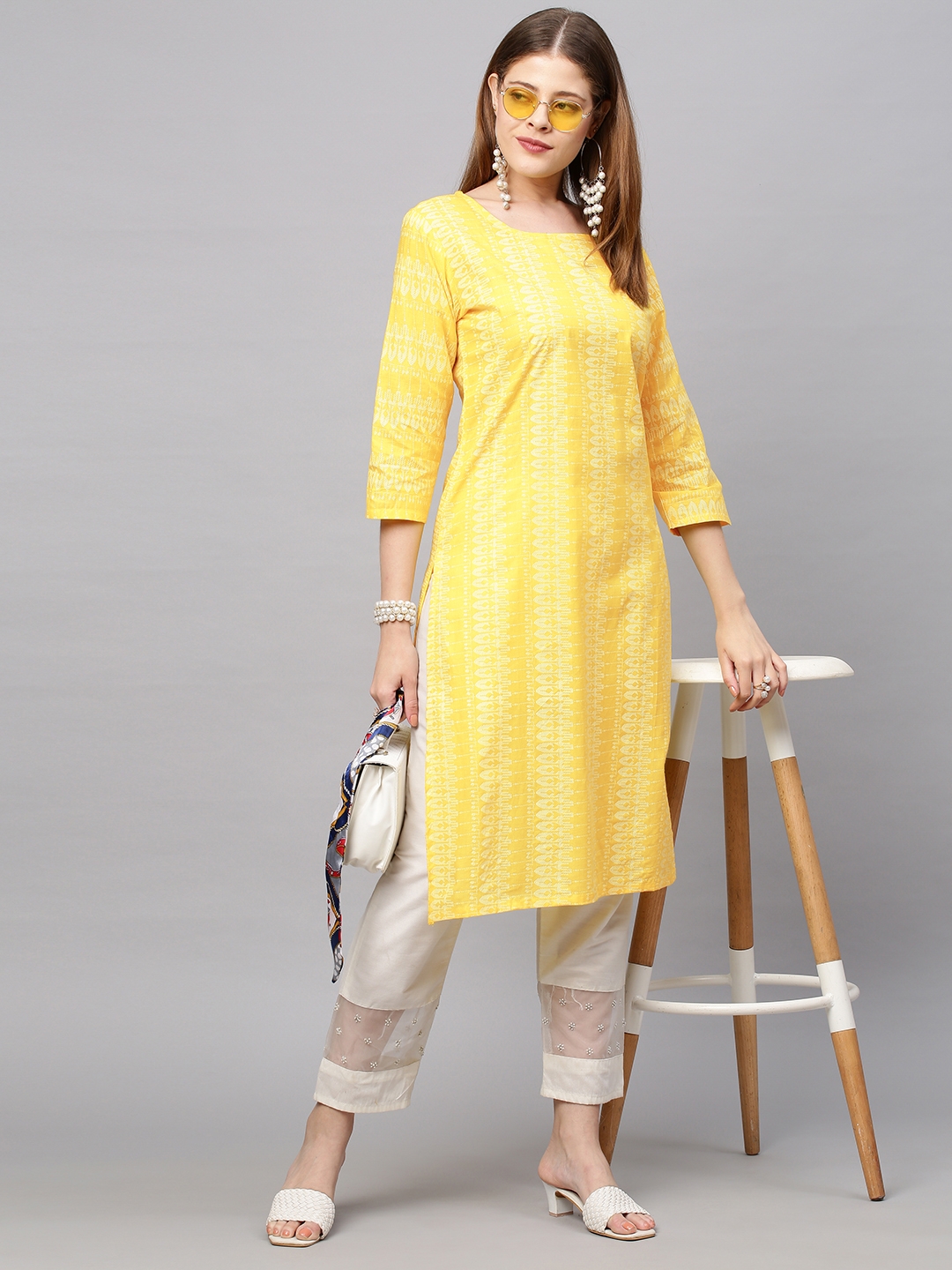 GoSriKi | GoSriKi Women's Cotton Blend Yellow Straight Printed Kurta