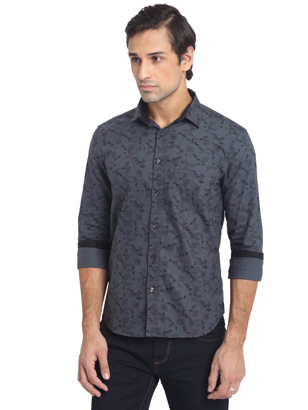 Greenfibre | Dark Grey Printed Slim Fit Semi Casual Shirt | Greenfibre