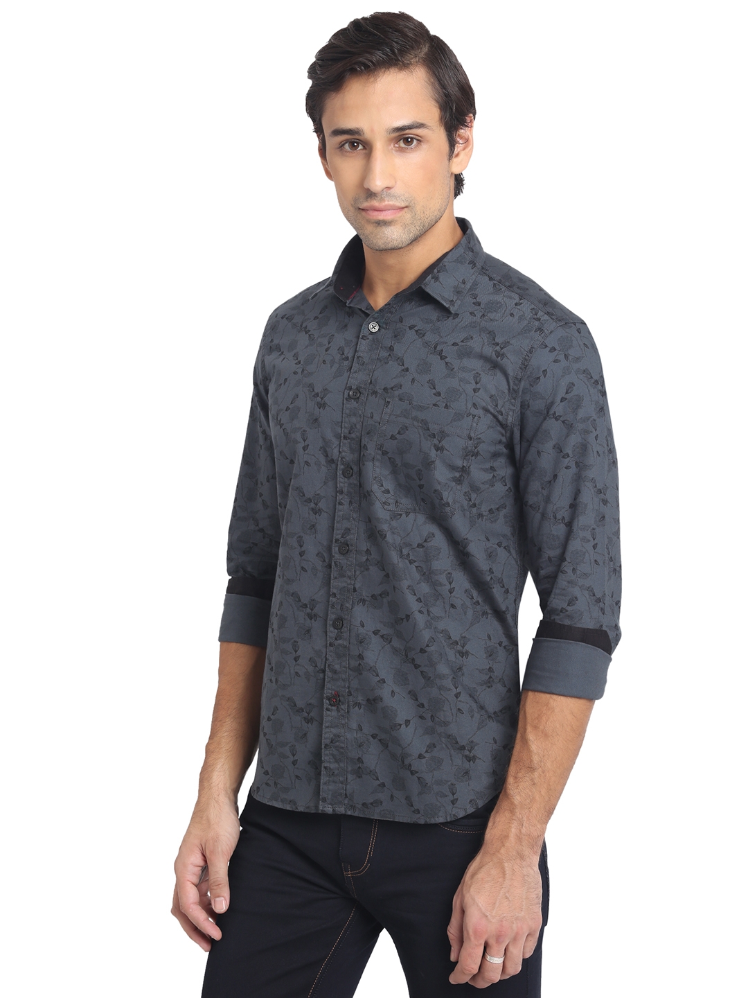 Dark Grey Printed Slim Fit Semi Casual Shirt | Greenfibre