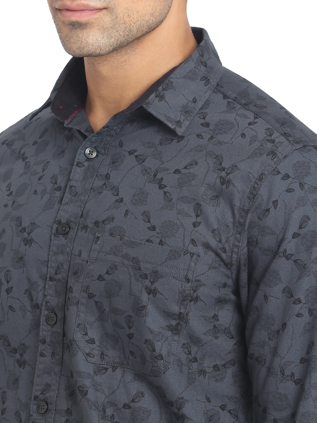Dark Grey Printed Slim Fit Semi Casual Shirt | Greenfibre