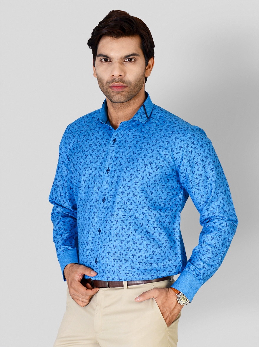 Cobalt Blue Printed Slim Fit Party Wear Shirt | Greenfibre