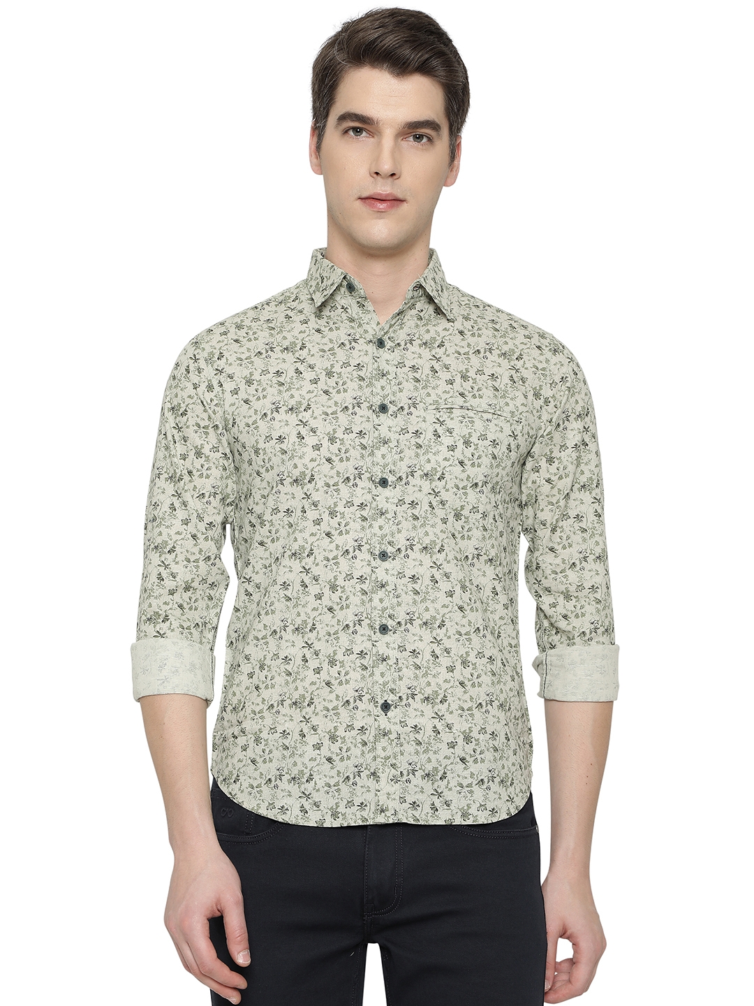Greenfibre | Moss Grey Printed Slim Fit Semi Casual Shirt | Greenfibre