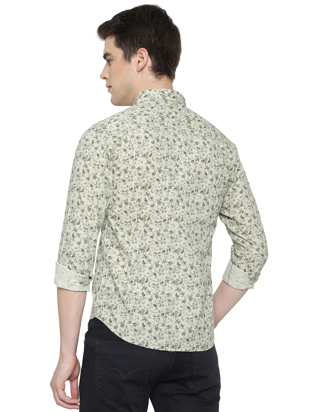 Moss Grey Printed Slim Fit Semi Casual Shirt | Greenfibre