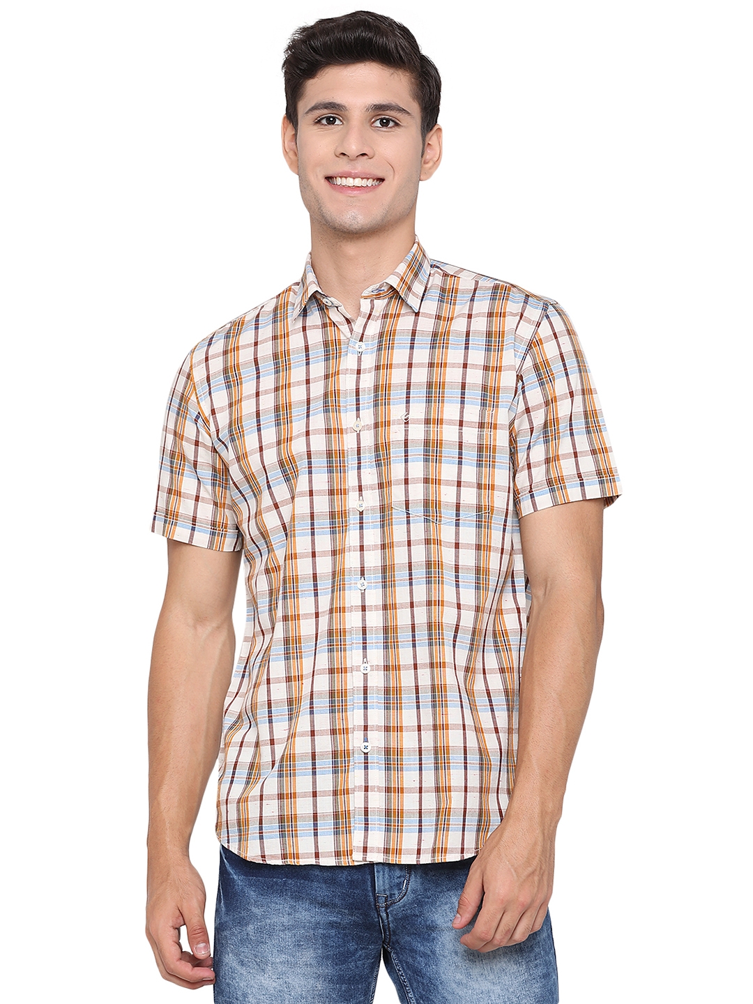 Antique White Checked Slim Fit Casual Shirt | Greenfibre
