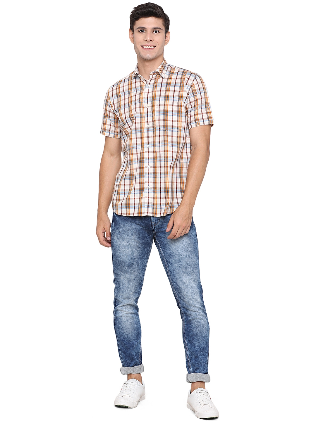 Antique White Checked Slim Fit Casual Shirt | Greenfibre