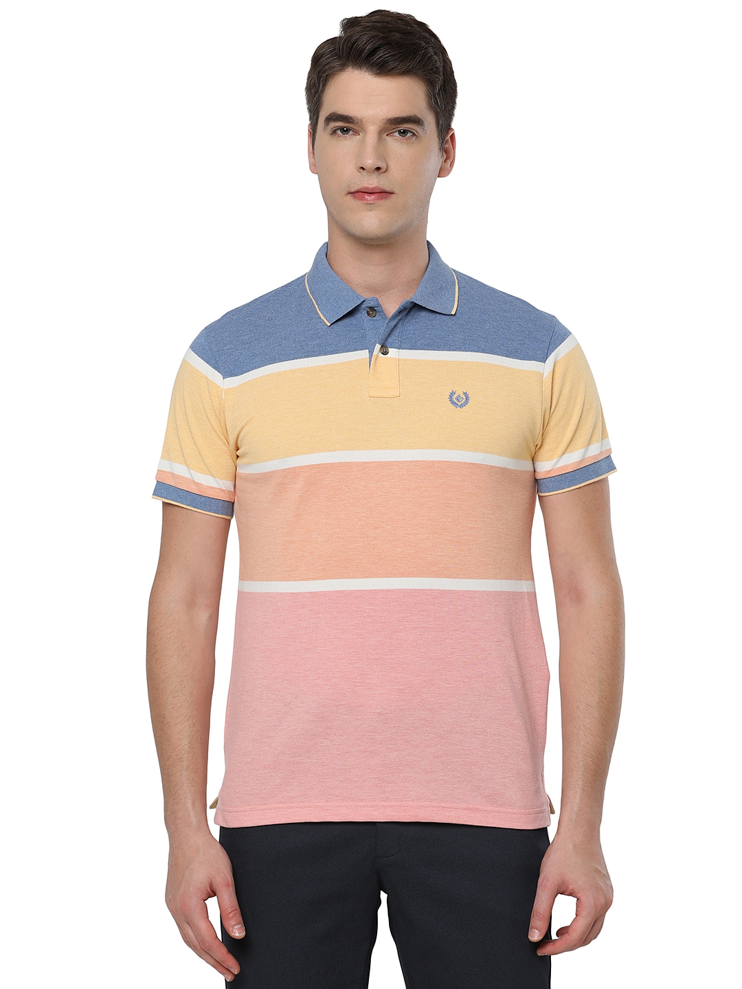 Coral Peach Striped Slim Fit Polo T-Shirt | Greenfibre