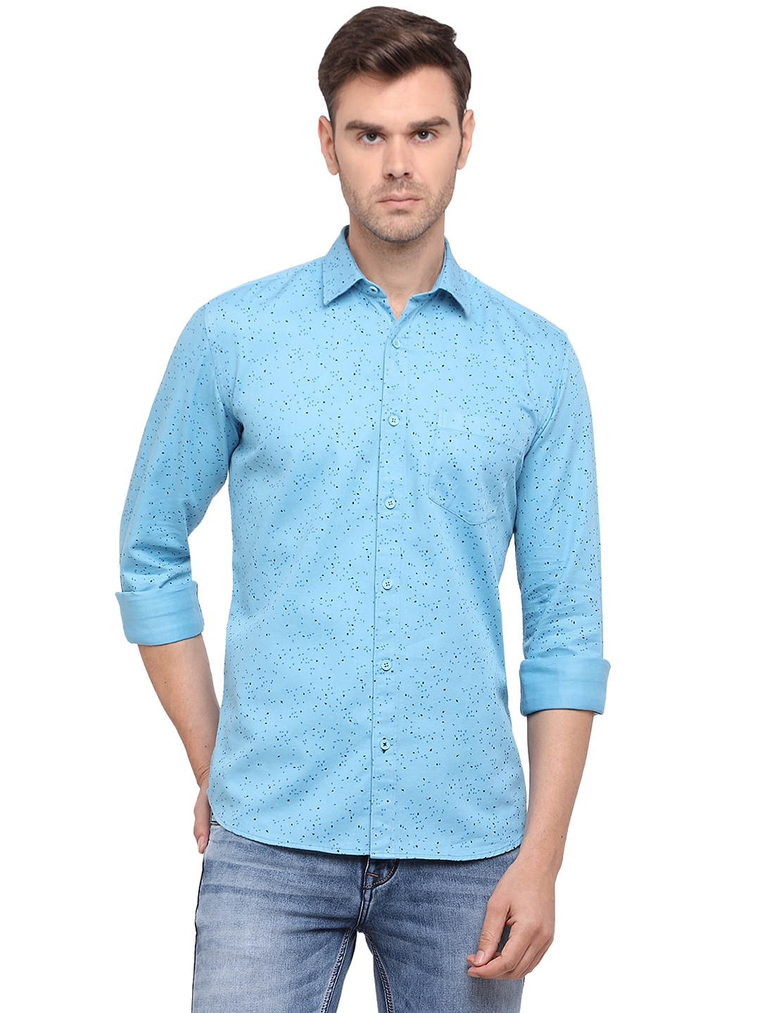 Sky Blue Printed Slim Fit Semi Casual Shirt | Greenfibre