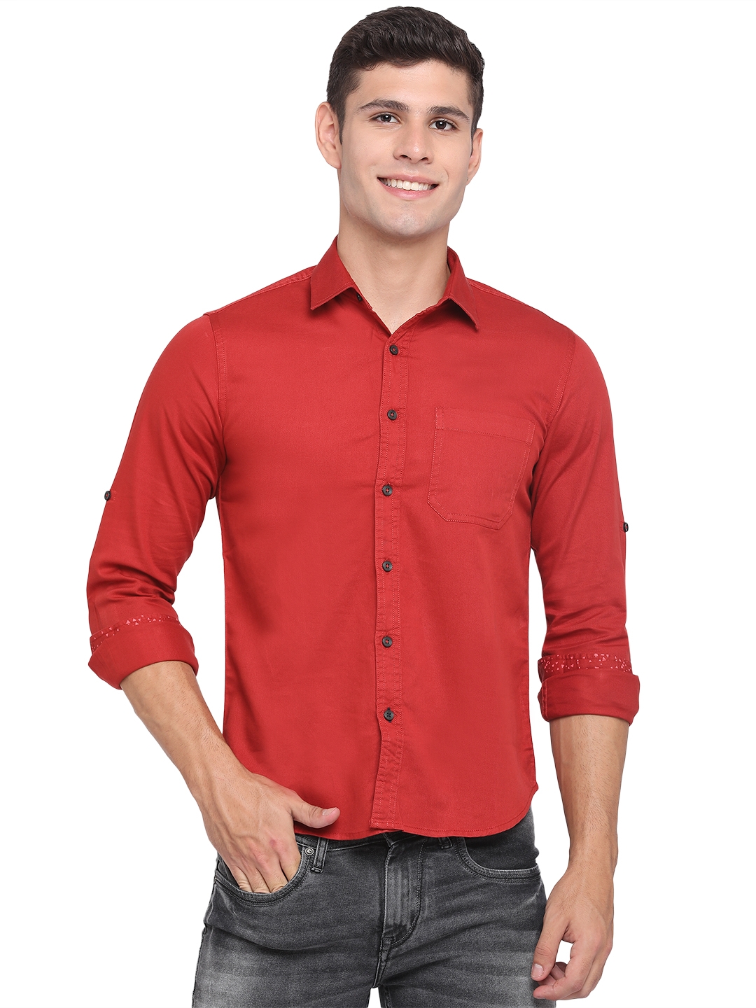 Greenfibre | Nova Red Solid Slim Fit Semi Casual Shirt | Greenfibre