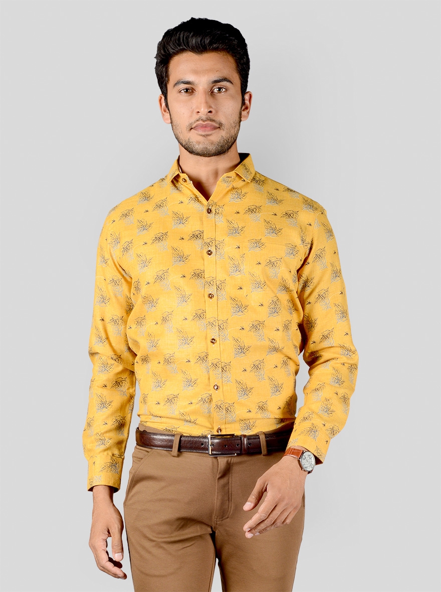 Greenfibre | Yellow Printed Formal Shirts (FL-157 GOLD BLK BLUE PRINT)