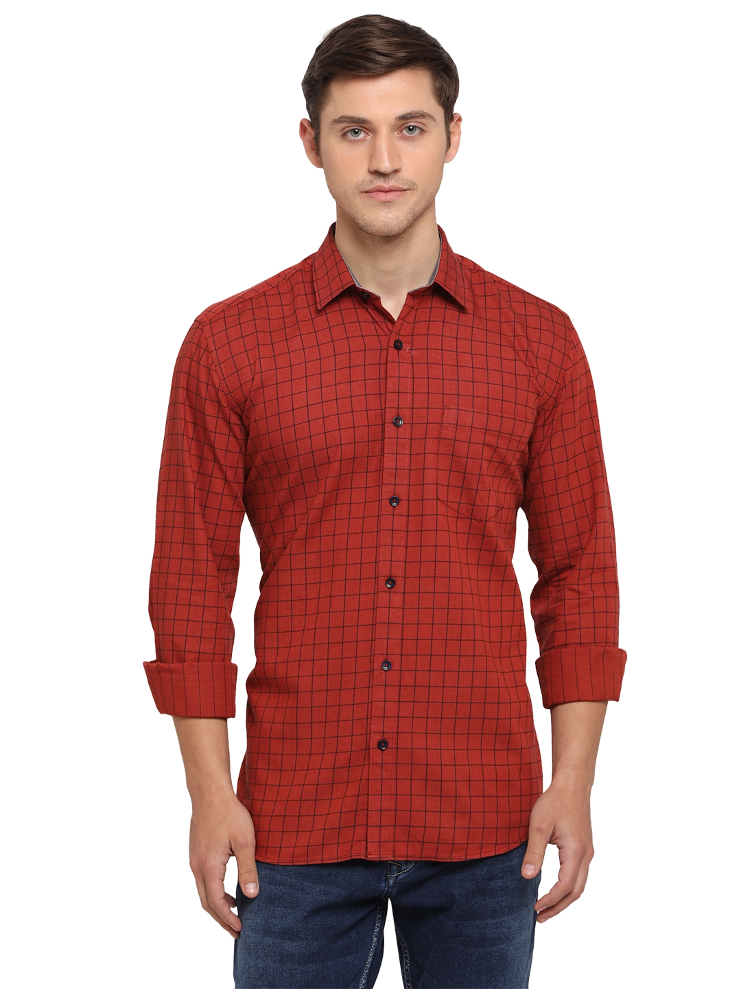 Red Checked Smart Fit Semi Casual Shirt | Greenfibre
