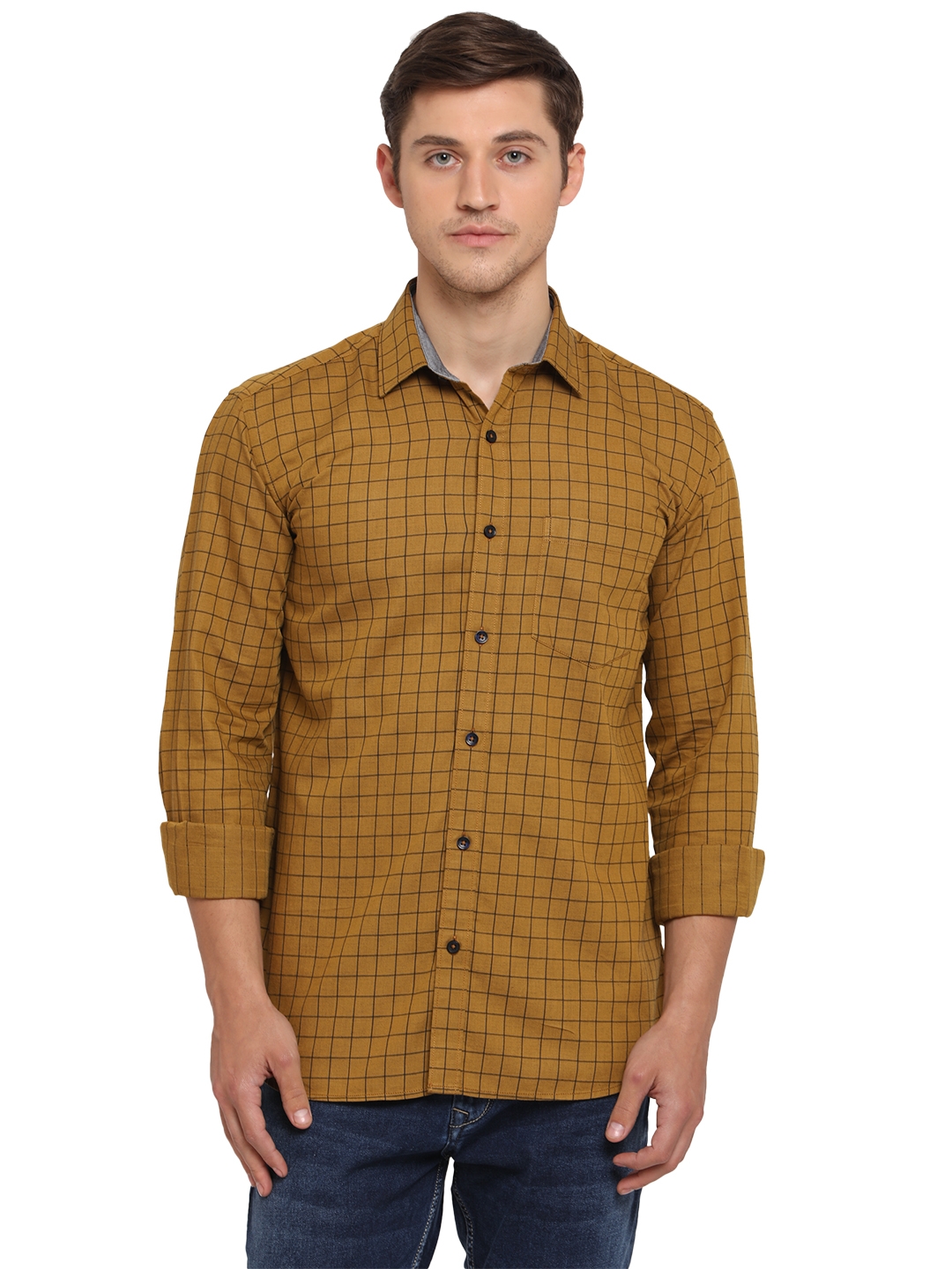 Crome Yellow Checked Smart Fit Semi Casual Shirt | Greenfibre