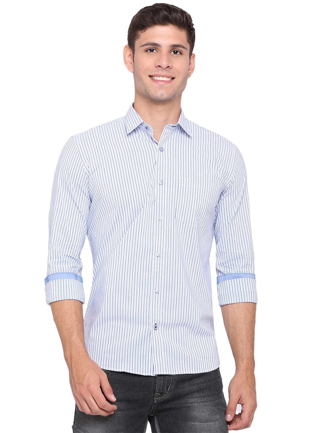 Cashmere Blue Striped Slim Fit Casual Shirt | Greenfibre