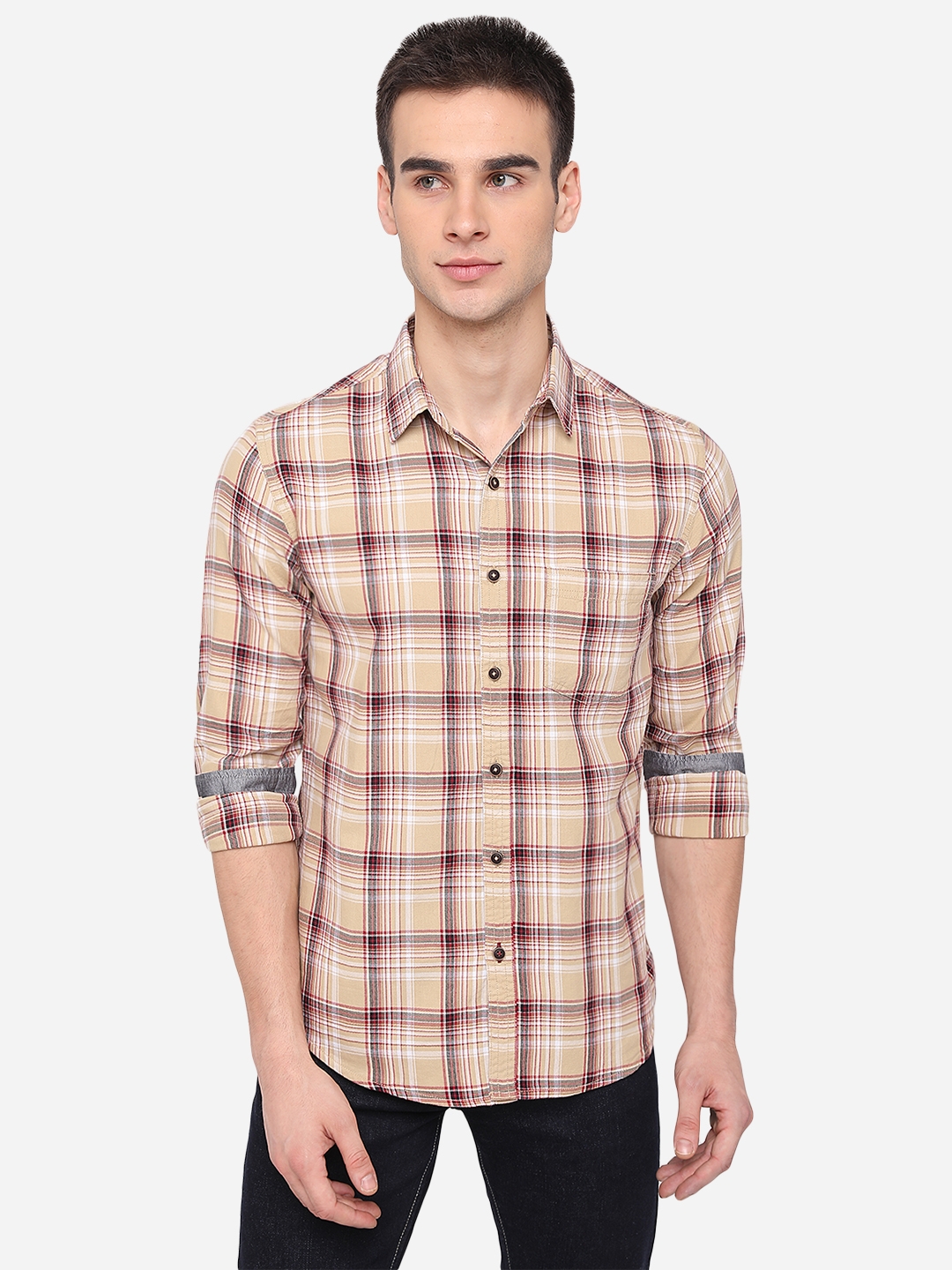 Light Yellow & Red Checked Slim Fit Casual Shirt | Greenfibre
