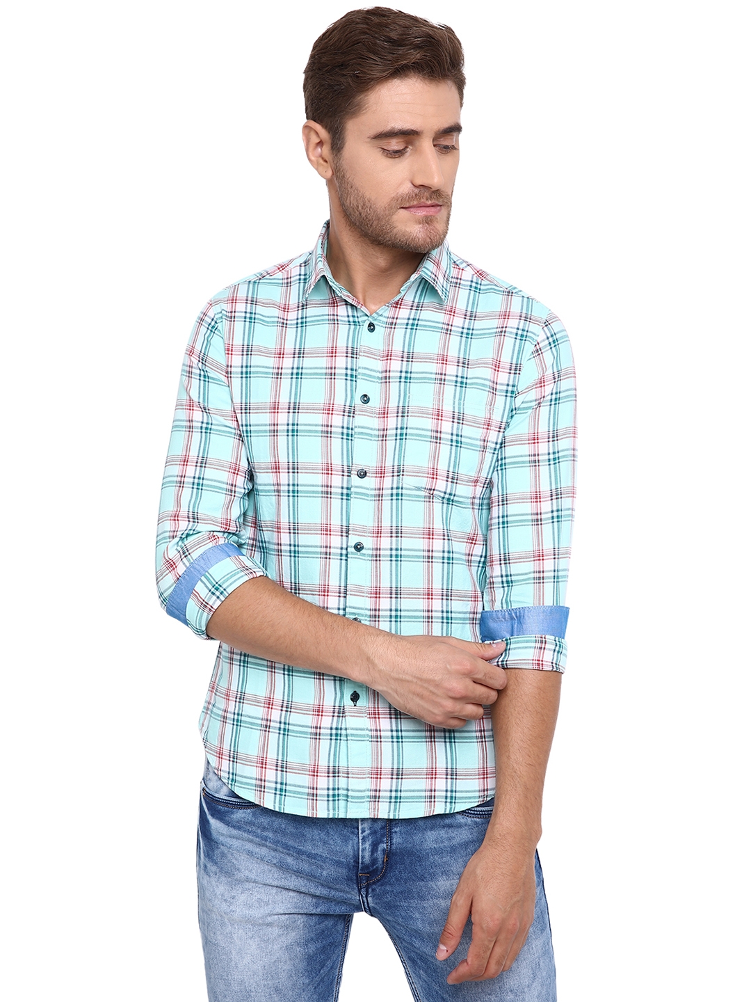 Sky Blue Checked Slim Fit Casual Shirt | Greenfibre