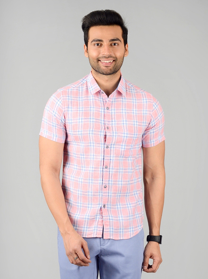 Sachet Pink Checked Slim Fit Casual Shirt | Greenfibre