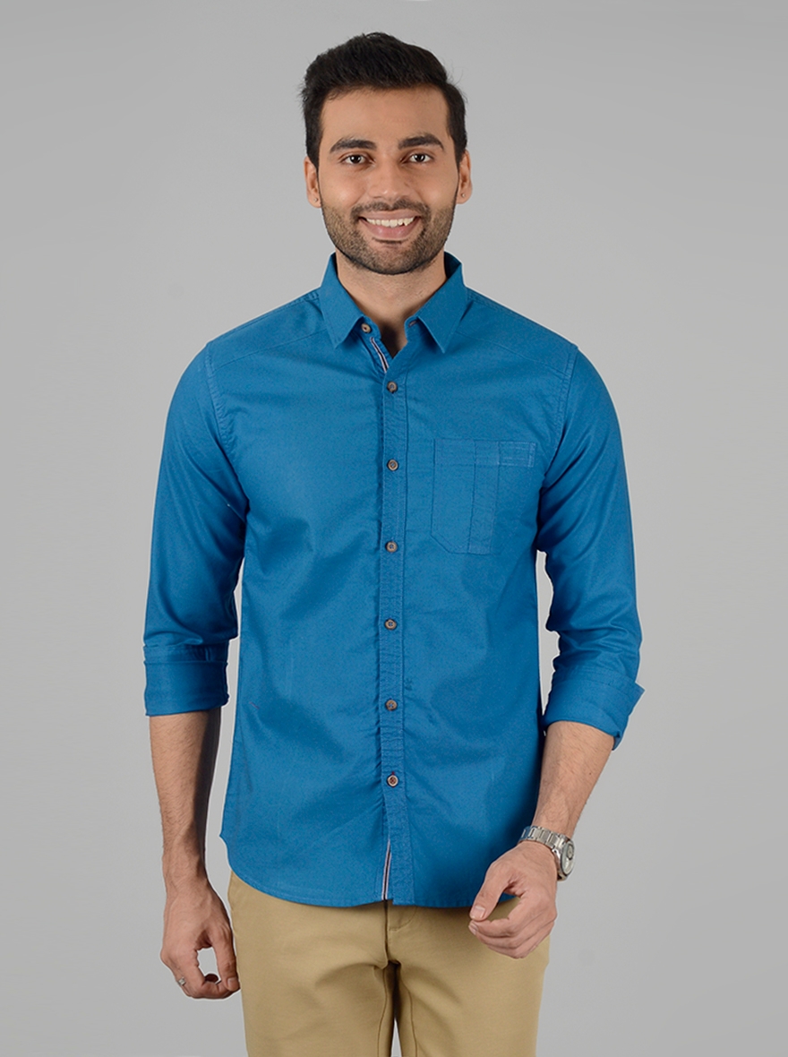Seaport Blue Solid Slim Fit Casual Shirt | Greenfibre