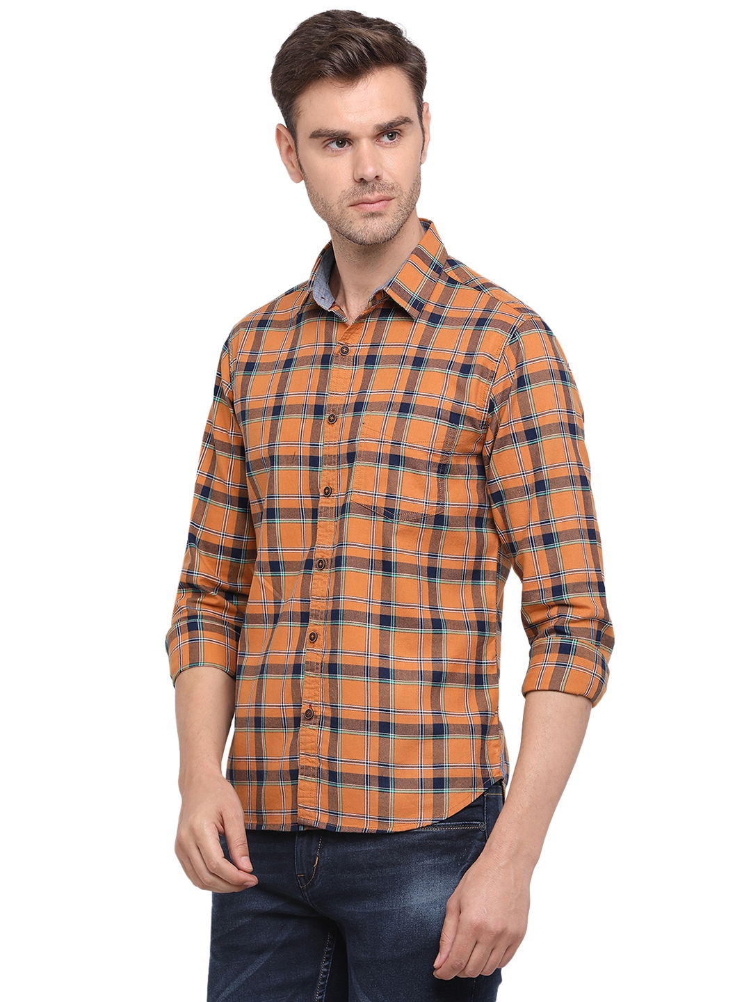 Greenfibre | Goldenrod Orange Checked Slim Fit Casual Shirt | Greenfibre