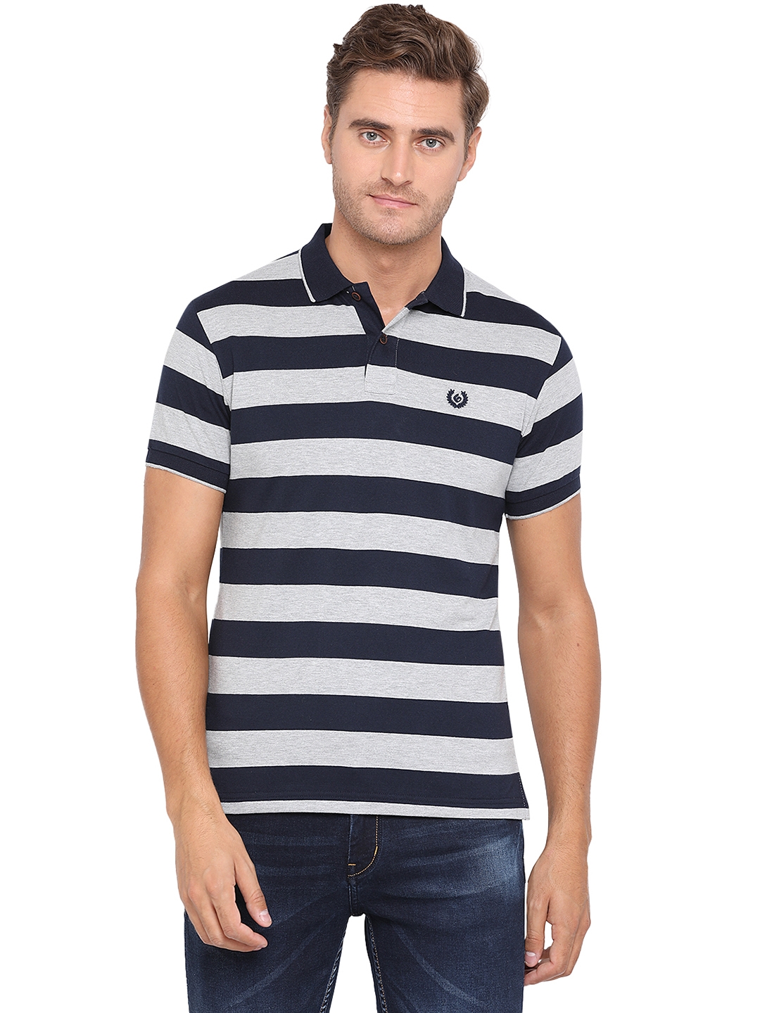 Grey & Blue Striped Slim Fit Polo T-Shirt | Greenfibre
