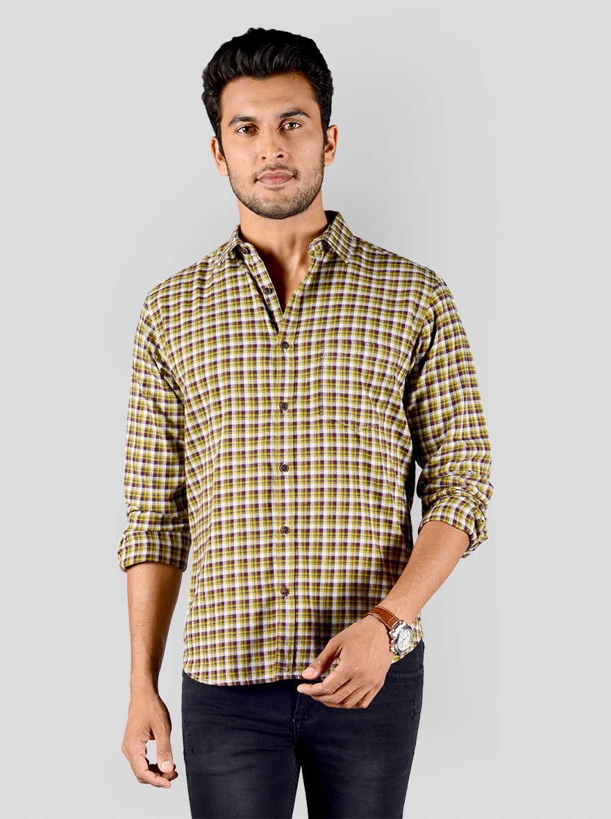 Yellow & Wine Checked Slim Fit Casual Shirt | Greenfibre