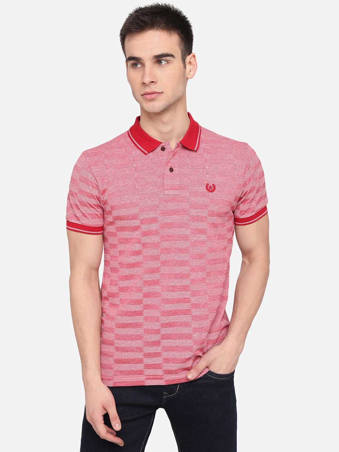 Light Red Striped Slim Fit Polo T-Shirt | Greenfibre