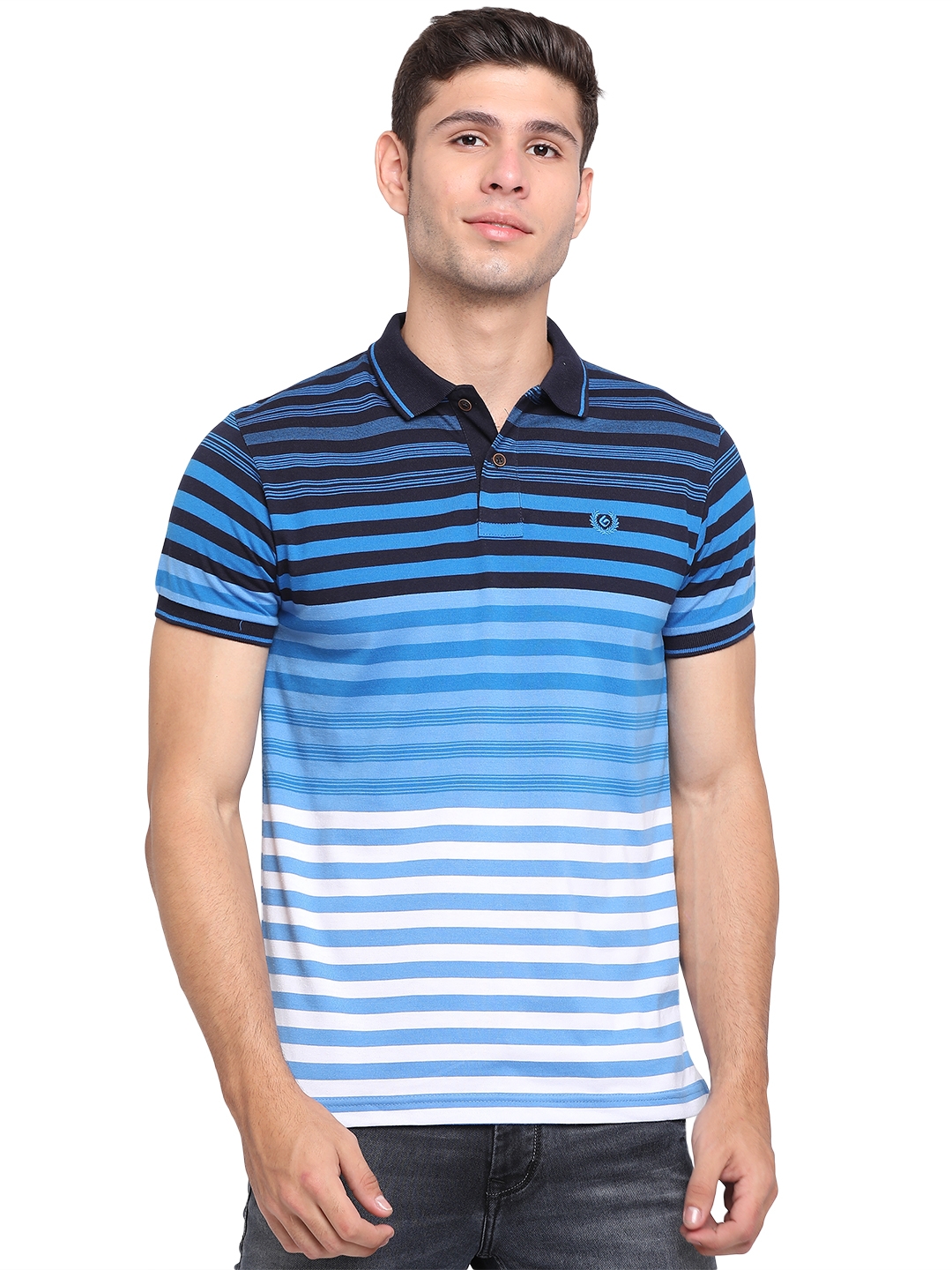 Royal Blue & White Striped Slim Fit Polo T-Shirt | Greenfibre
