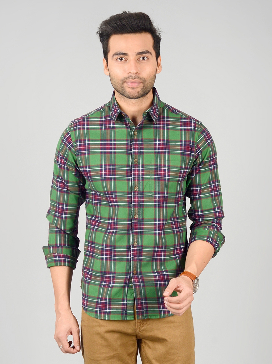 Forest Green Checked Slim Fit Casual Shirt | Greenfibre