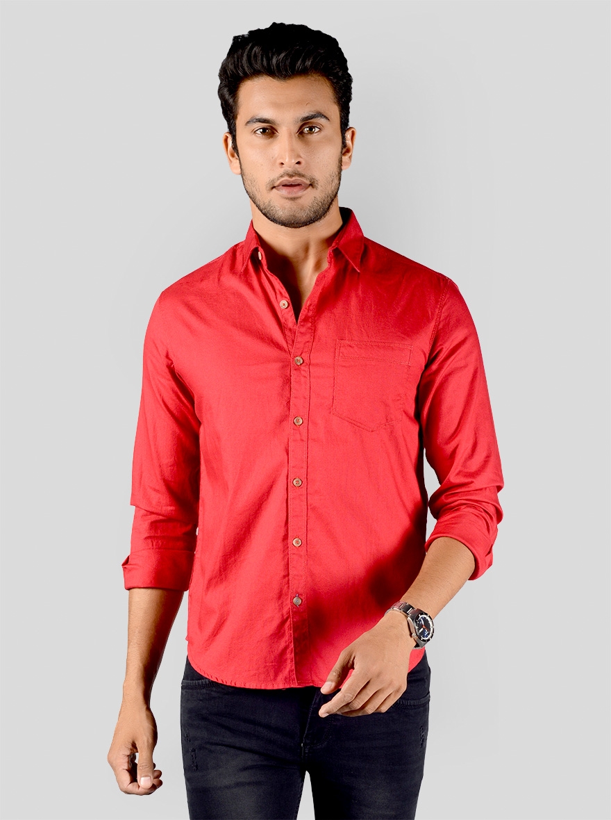 Ribbon Red Solid Slim Fit Casual Shirt | Greenfibre
