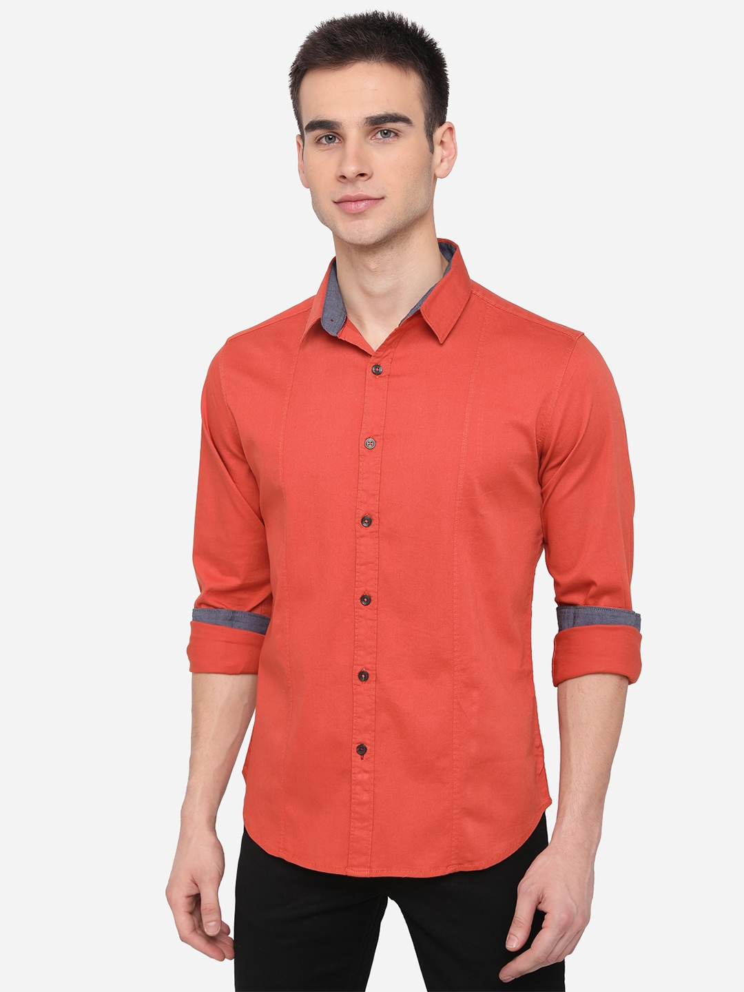 Spicy Orange Solid Slim Fit Casual Shirt | Greenfibre
