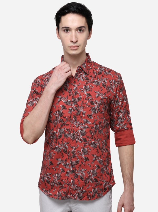 Red Slim Fit Printed Casual Shirt | Greenfibre