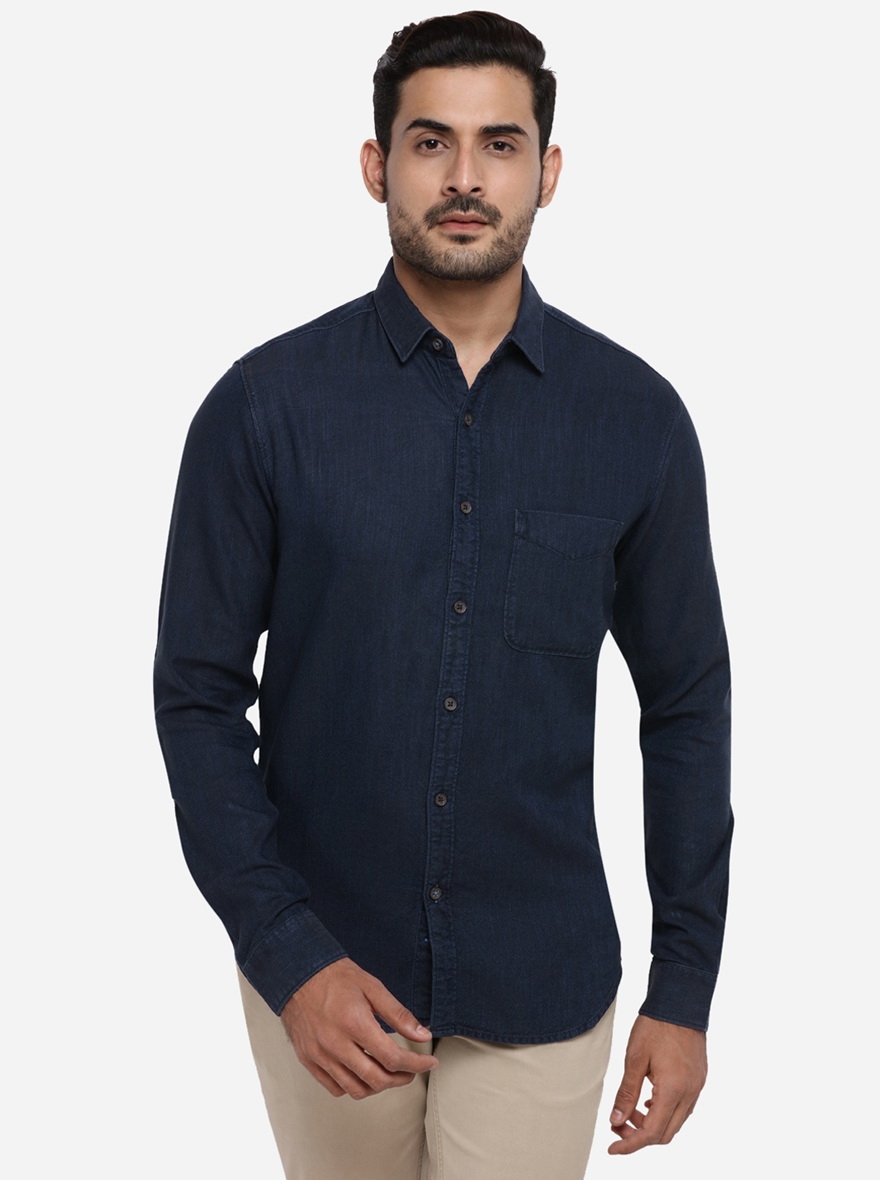 Deep Blue Solid Slim Fit Casual Shirt | Greenfibre