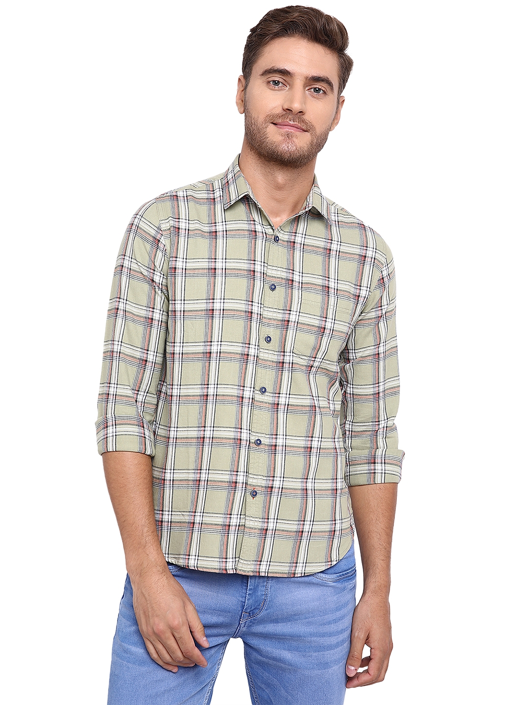Greenfibre | Sage Green Checked Slim Fit Casual Shirt | Greenfibre