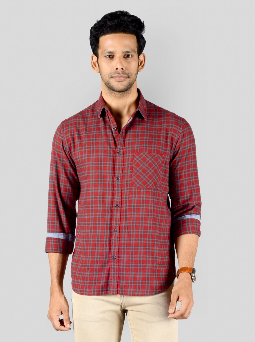 Chinese Red & Grey Checked Slim Fit Casual Shirt | Greenfibre