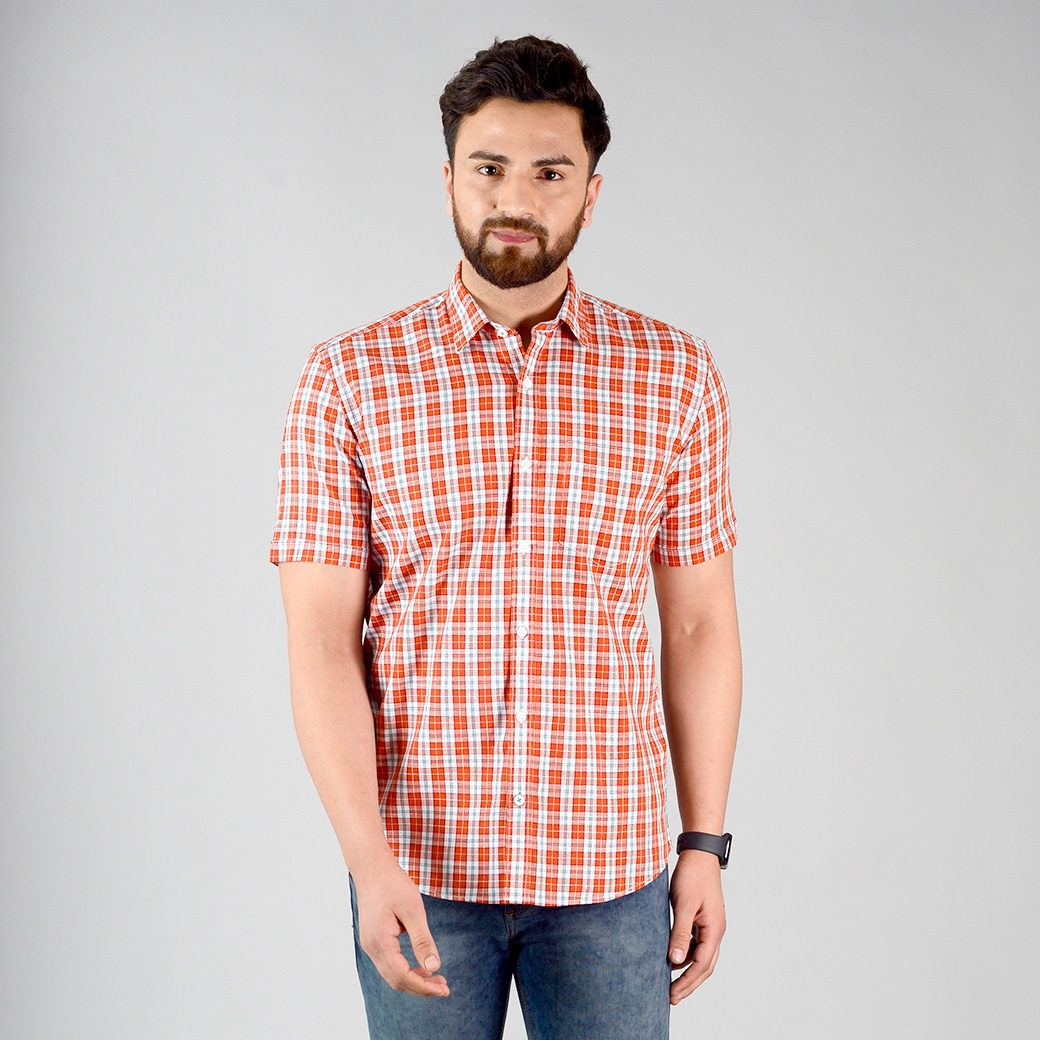 Cherry Tomato Checked Slim Fit Casual Shirt | Greenfibre