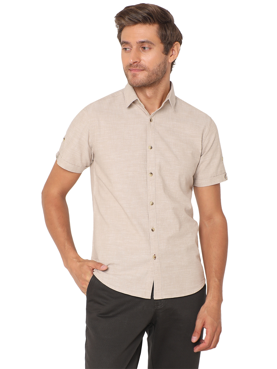 Cream Solid Slim Fit Semi Casual Shirt | Greenfibre