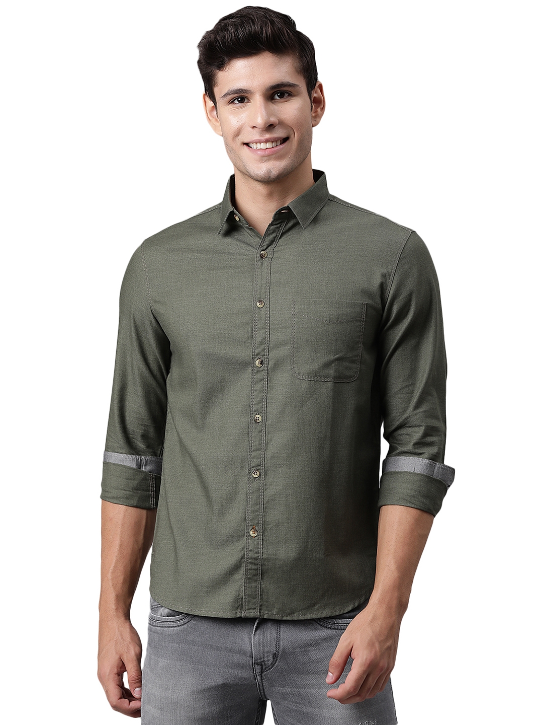 Dark Olive Solid Slim Fit Semi Casual Shirt | Greenfibre