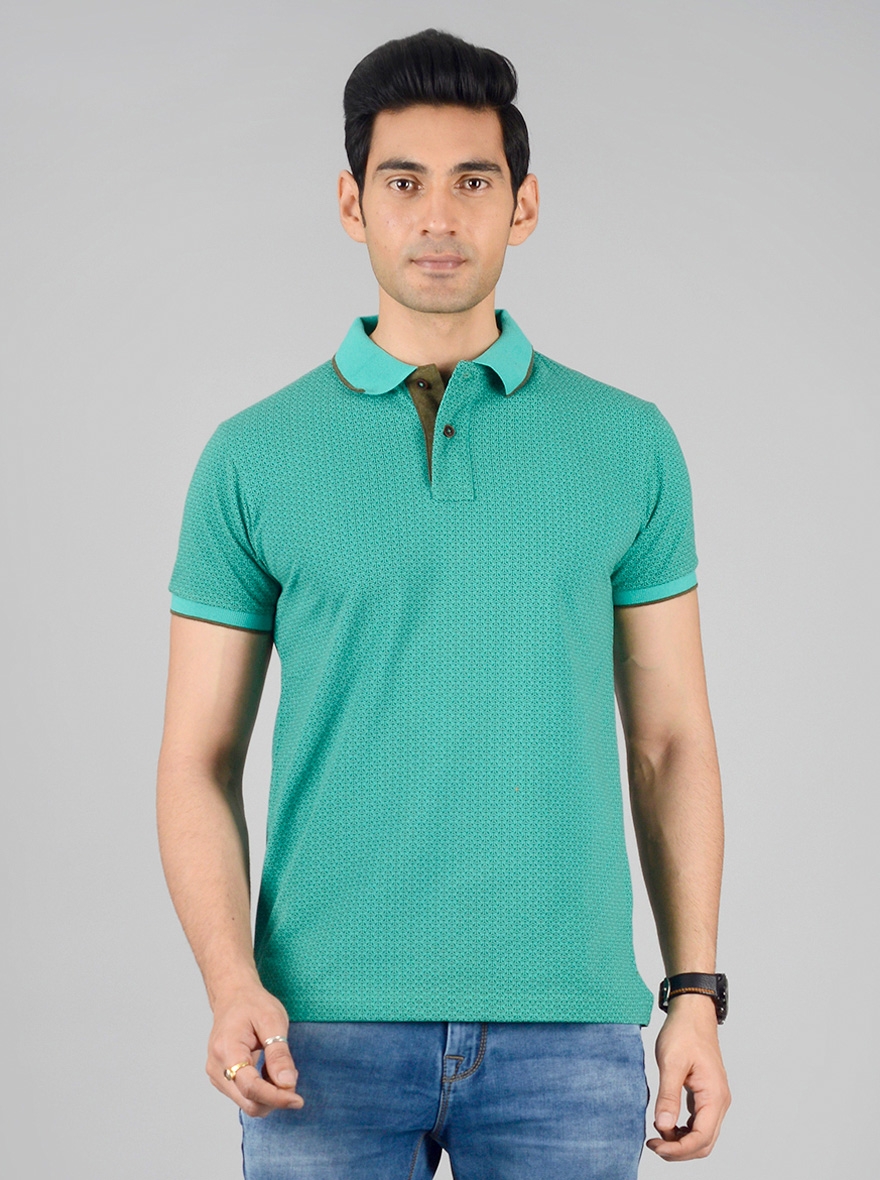 Greenfibre | Dark Aqua Green Printed Slim Fit Polo T-shirt | Greenfibre