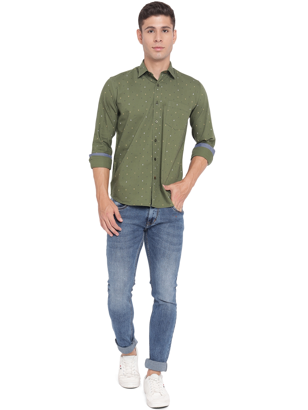 Chive Green Printed Slim Fit Casual Shirt | Greenfibre