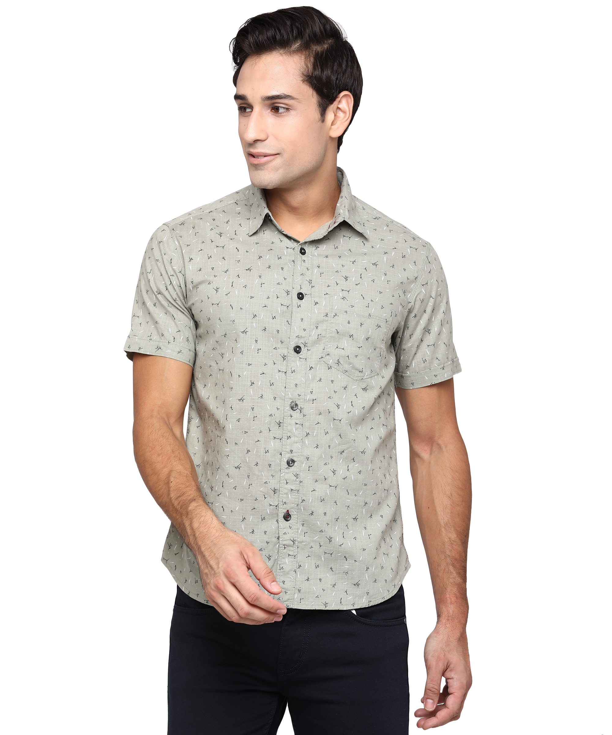 Greenfibre | Stone Grey Printed Slim Fit Semi Casual Shirt | Greenfibre