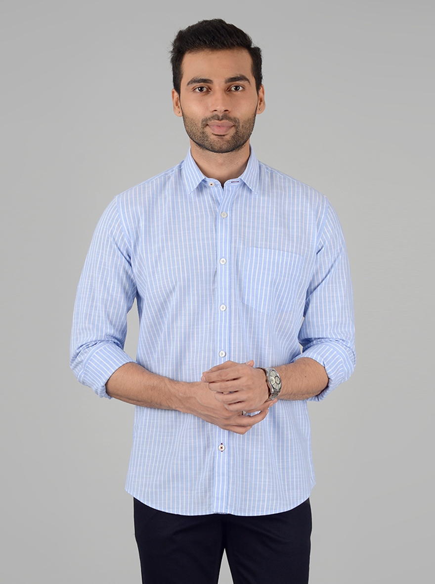 White and Blue Striped Slim Fit Casual Shirt | Greenfibre