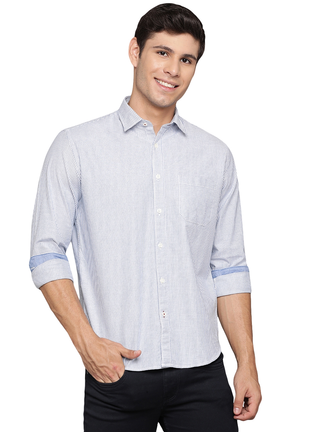 Victorial Blue Striped Slim Fit Casual Shirt | Greenfibre