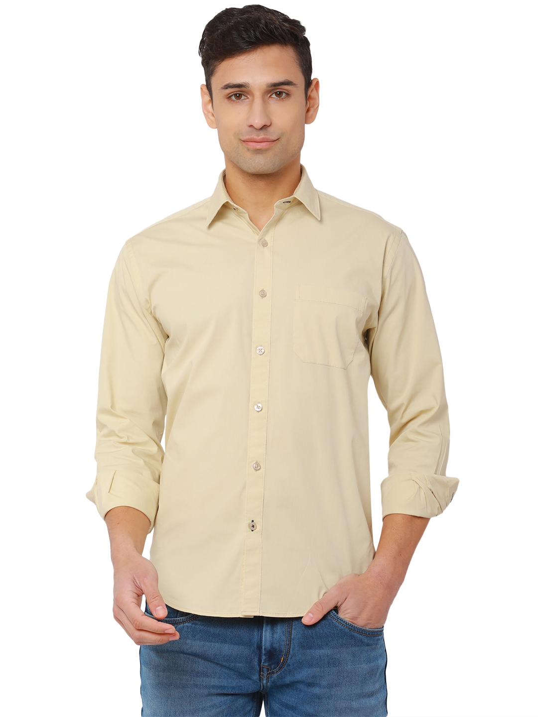 Beige Solid Classic Fit Casual Shirt | Greenfibre